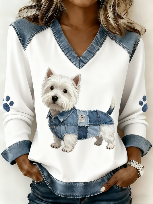 Women's Retro V-neck Denim Patchwork Animal Print Casual Comfort Top