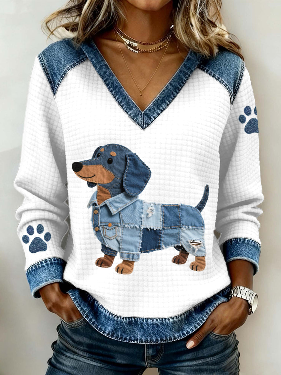 Women's Lovely Dachshund Dog Pattern Denim Patchwork V-Neck Top