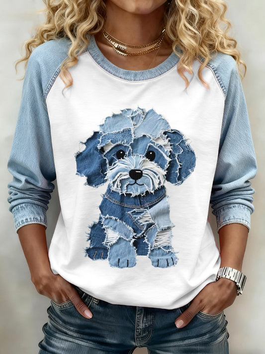 Women's Lovely Dog Pattern Denim Patchwork Sweatshirt