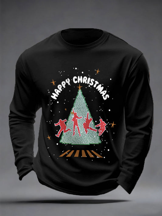 Men's Merry Christmas Retro Classic Legendary Rock Band Print Casual Long Sleeve T-Shirt