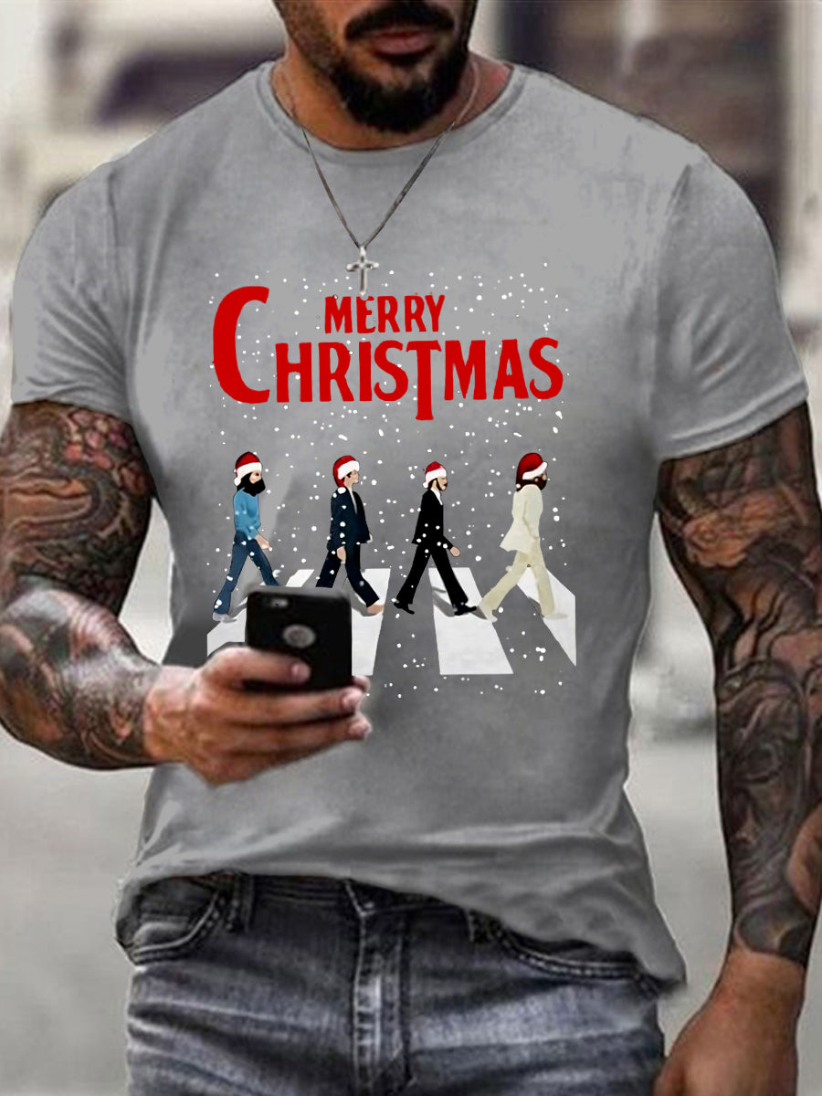 Men's Merry Christmas Retro Classic Legendary Rock Band Print Casual Tee