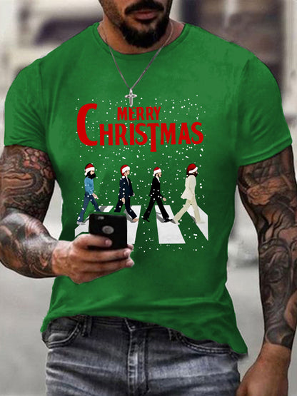 Men's Merry Christmas Retro Classic Legendary Rock Band Print Casual Tee