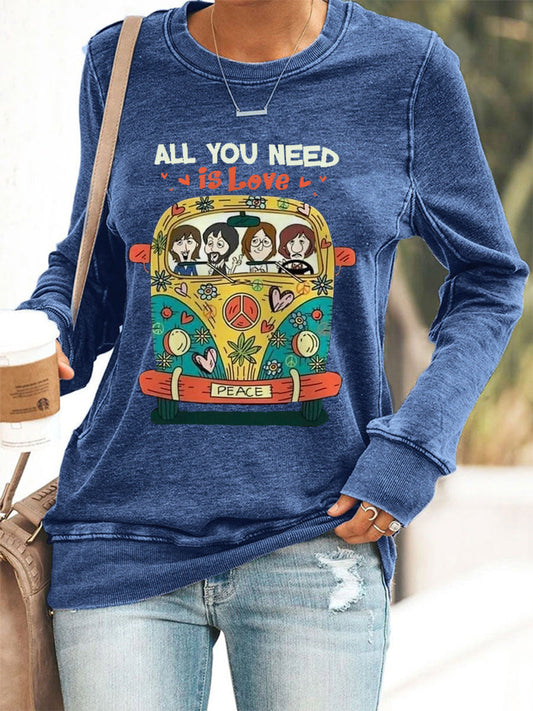 Women's All You Need Is Love Retro Classic Legendary Rock Band Print Casual Sweatshirt