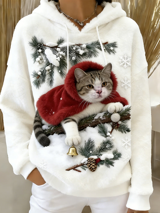 Women's Retro Animal Art Print Comfortable Flannel Hooded Sweatshirt