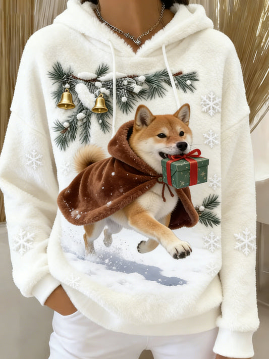 Women's Retro Animal Art Print Comfortable Flannel Hooded Sweatshirt