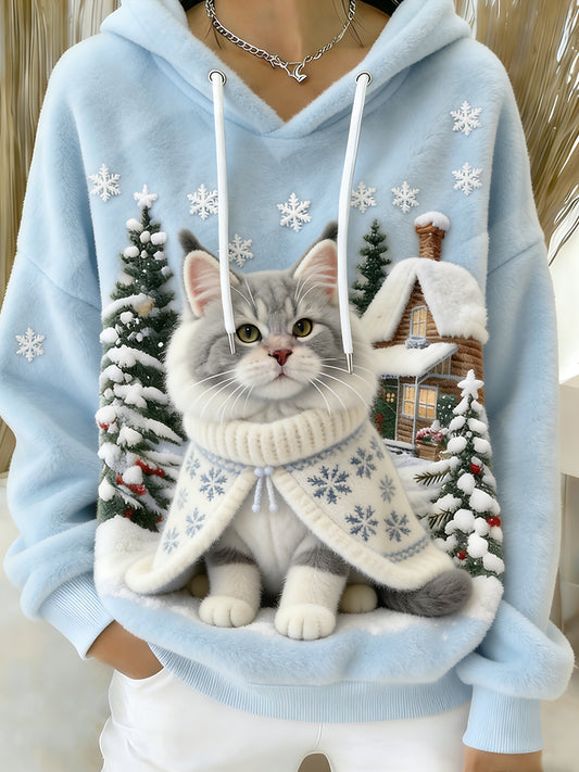 Women's Retro Animal Art Print Comfortable Flannel Hooded Sweatshirt