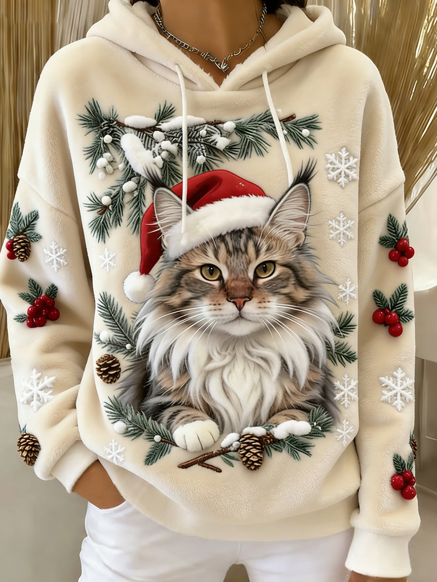 Women's Retro Animal Art Print Comfortable Flannel Hooded Sweatshirt