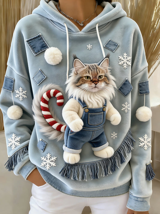 Women's Retro Animal Art Print Comfortable Flannel Hooded Sweatshirt