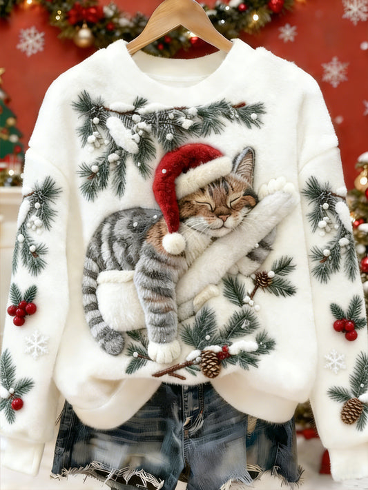 Women's Cute Christmas Cat Art Print Casual Flannel Hoodie