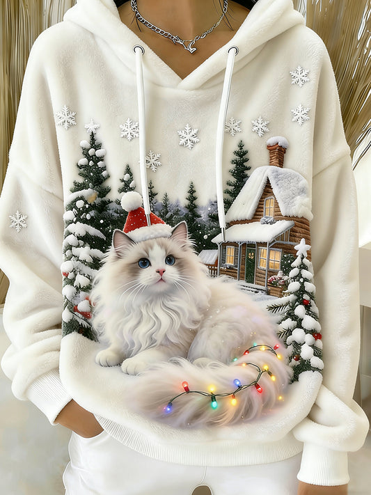 Women's Retro Animal Art Print Comfortable Flannel Hooded Sweatshirt