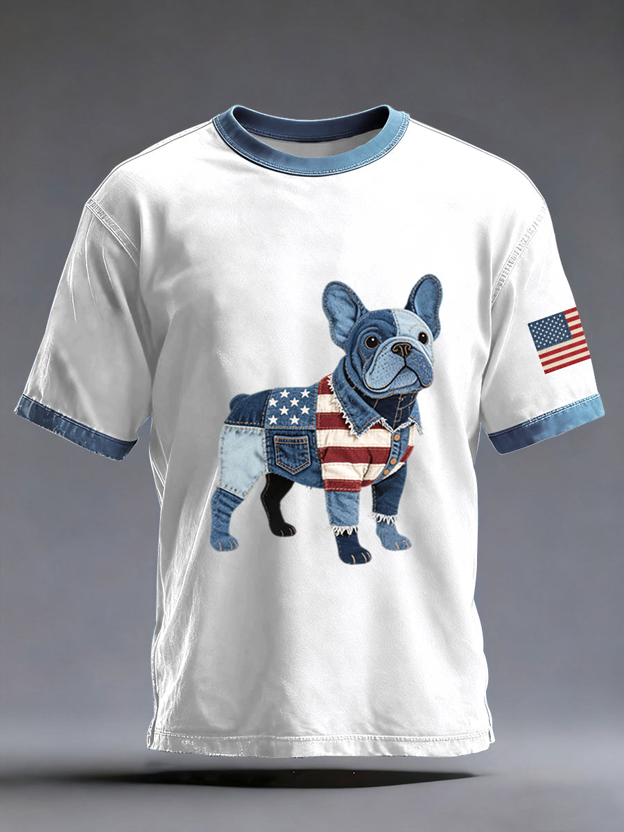 Men's Denim Patchwork Art French Bulldog Pattern Washed T-Shirt