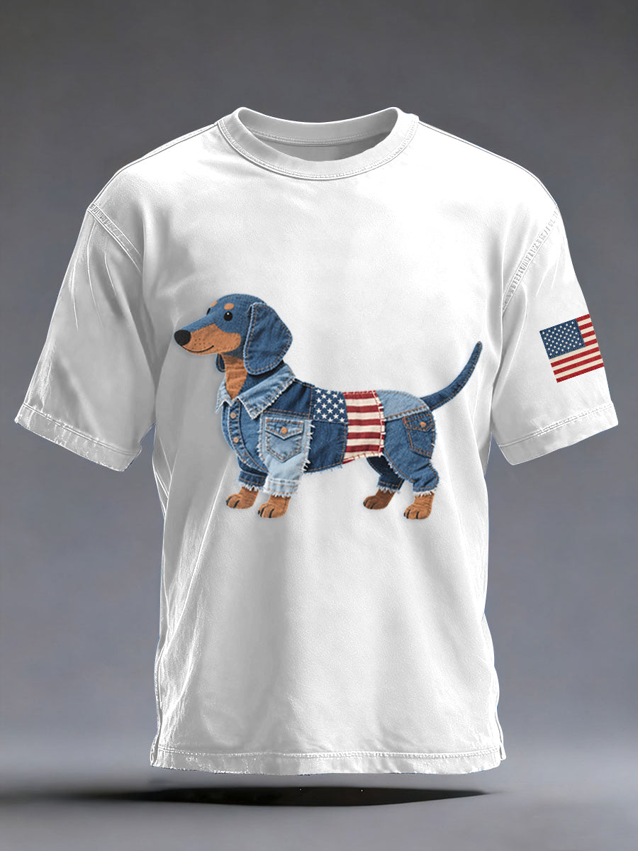 Men's Denim Patchwork Art Dachshund Dog Pattern Washed T-Shirt