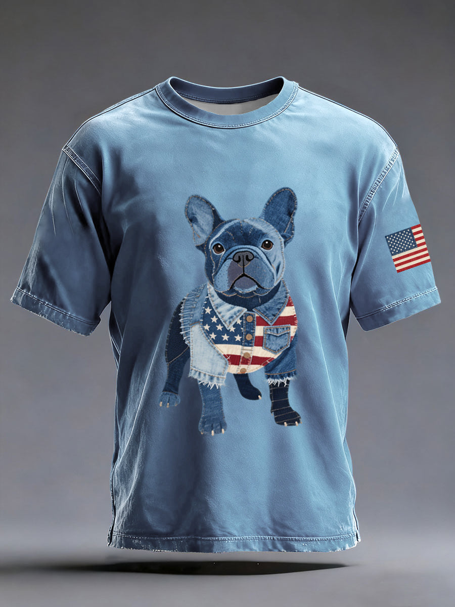 Men's Denim Patchwork Art French Bulldog Pattern Washed T-Shirt