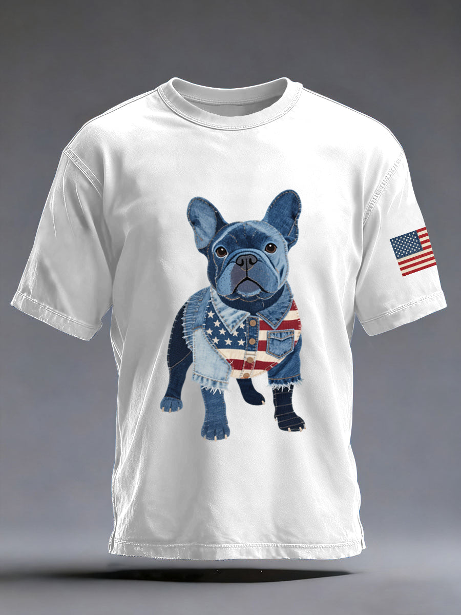 Men's Denim Patchwork Art French Bulldog Pattern Washed T-Shirt