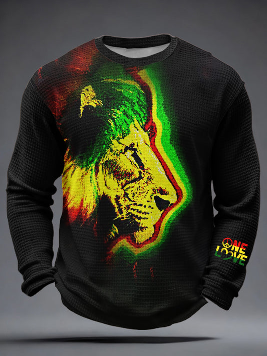 Men's One Love Rasta Lion Waffle Long Sleeve T-Shirt