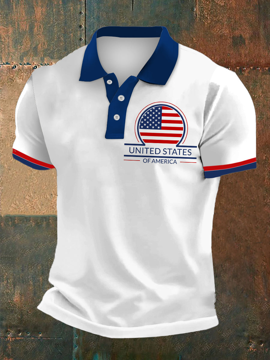 Men's USA Print Polo Collar Casual Short Sleeved Shirt