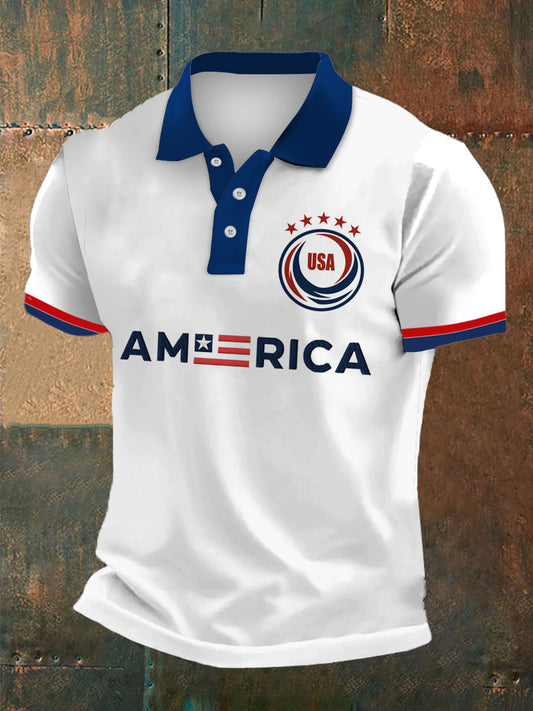 Men's USA Print Polo Collar Casual Short Sleeved Shirt