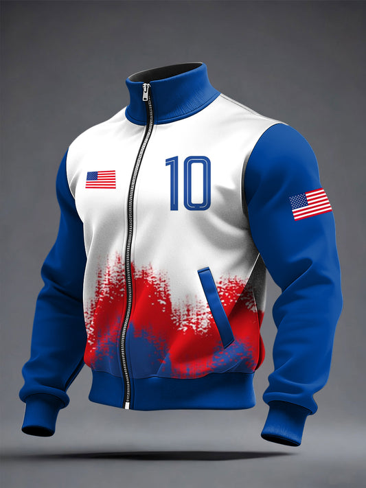 Men's World Cup US Printed long Sleeved Zipper Stand Up Collar Jacket