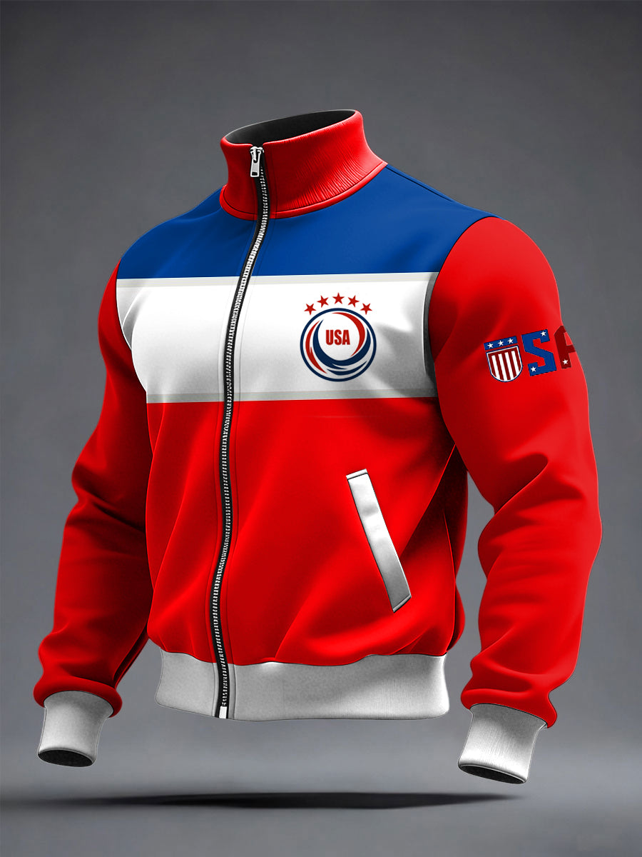 Men's US Printed long Sleeved Zipper Stand Up Collar Jacket