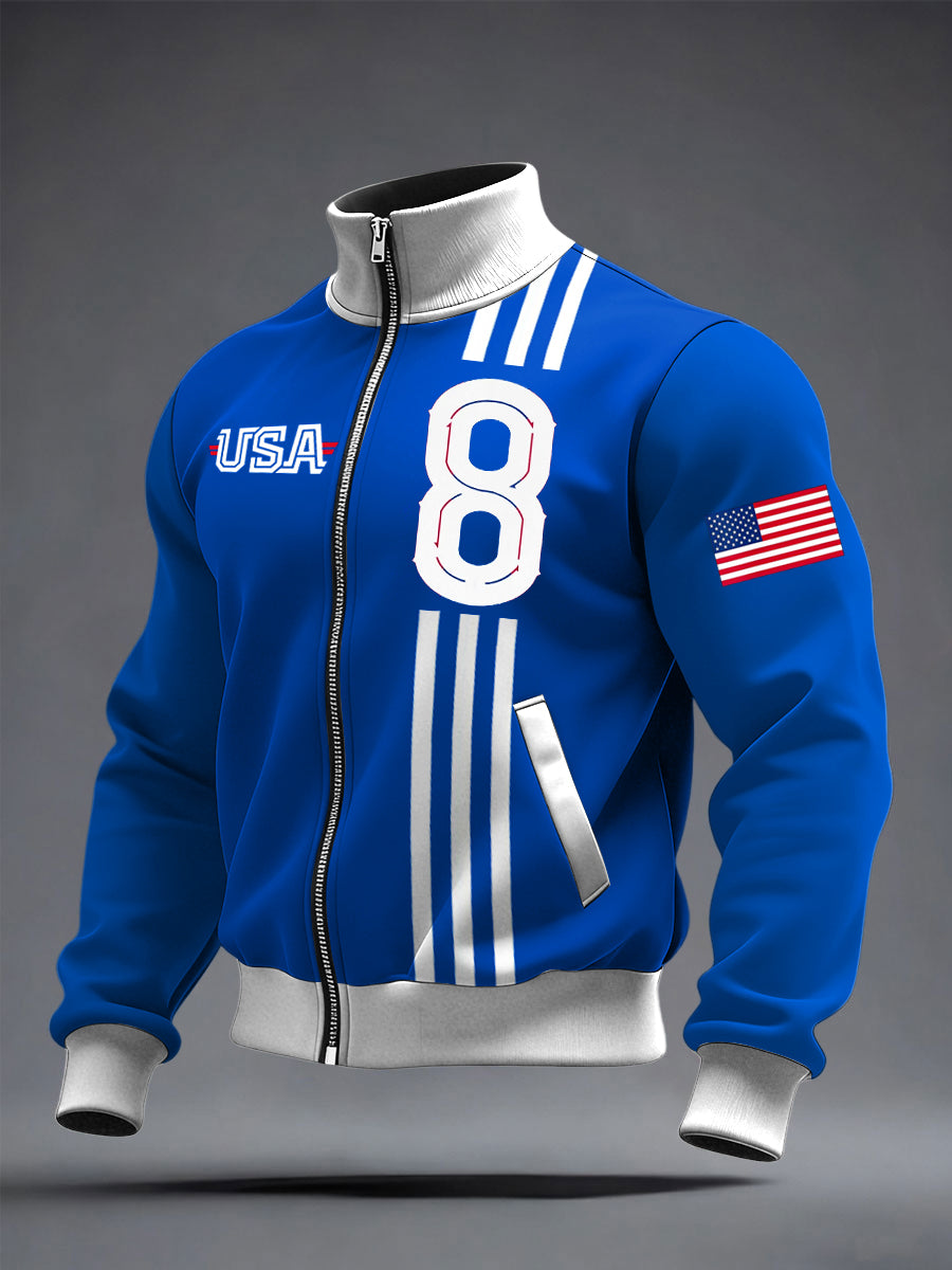 Men's World Cup US Printed long Sleeved Zipper Stand Up Collar Jacket