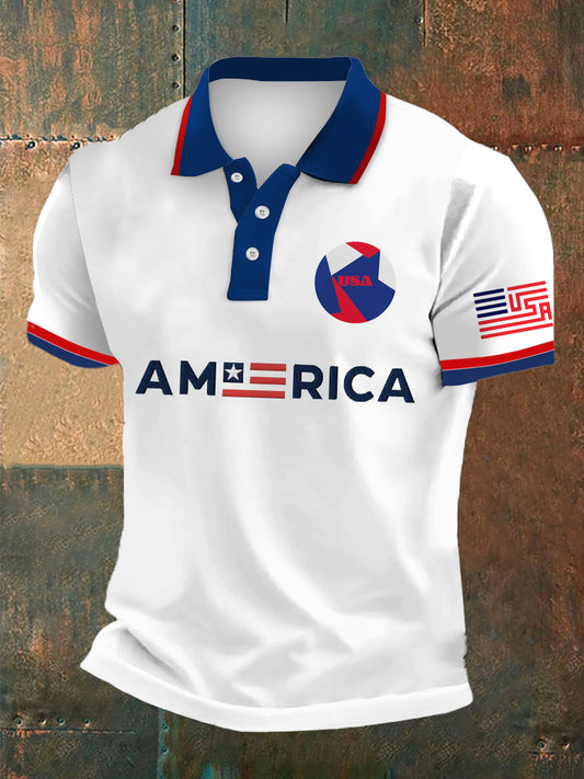 Men's World Cup US Print Polo Collar Casual Short Sleeved Shirt