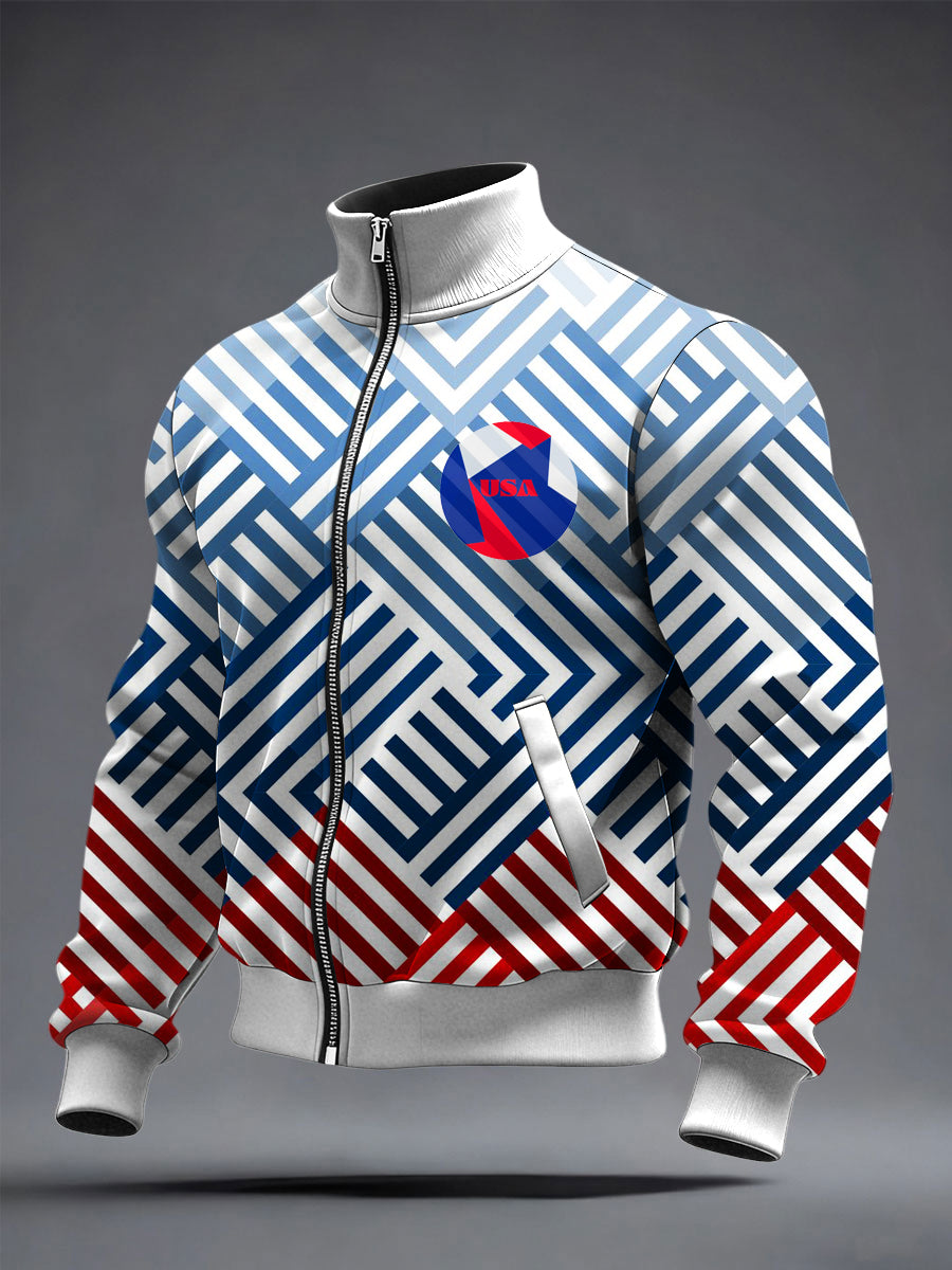 Men's US Printed long Sleeved Zipper Stand Up Collar Jacket