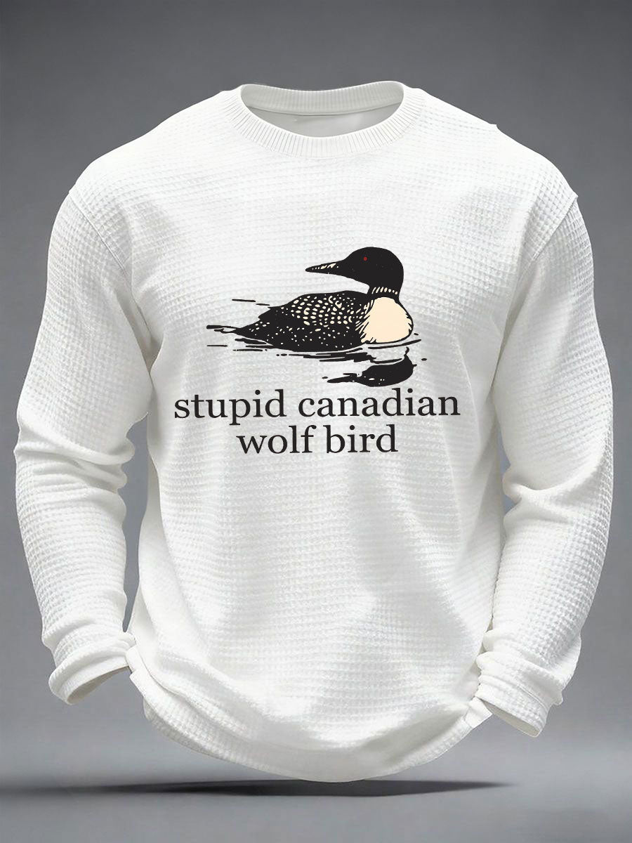 Men's Stupid Canadian Wolf Bird Waffle Print Casual T-Shirt