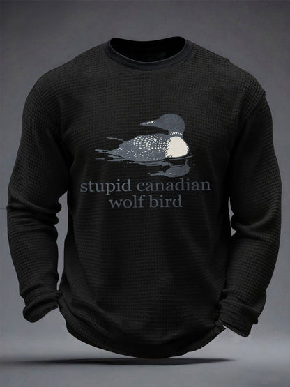 Men's Stupid Canadian Wolf Bird Waffle Print Casual T-Shirt