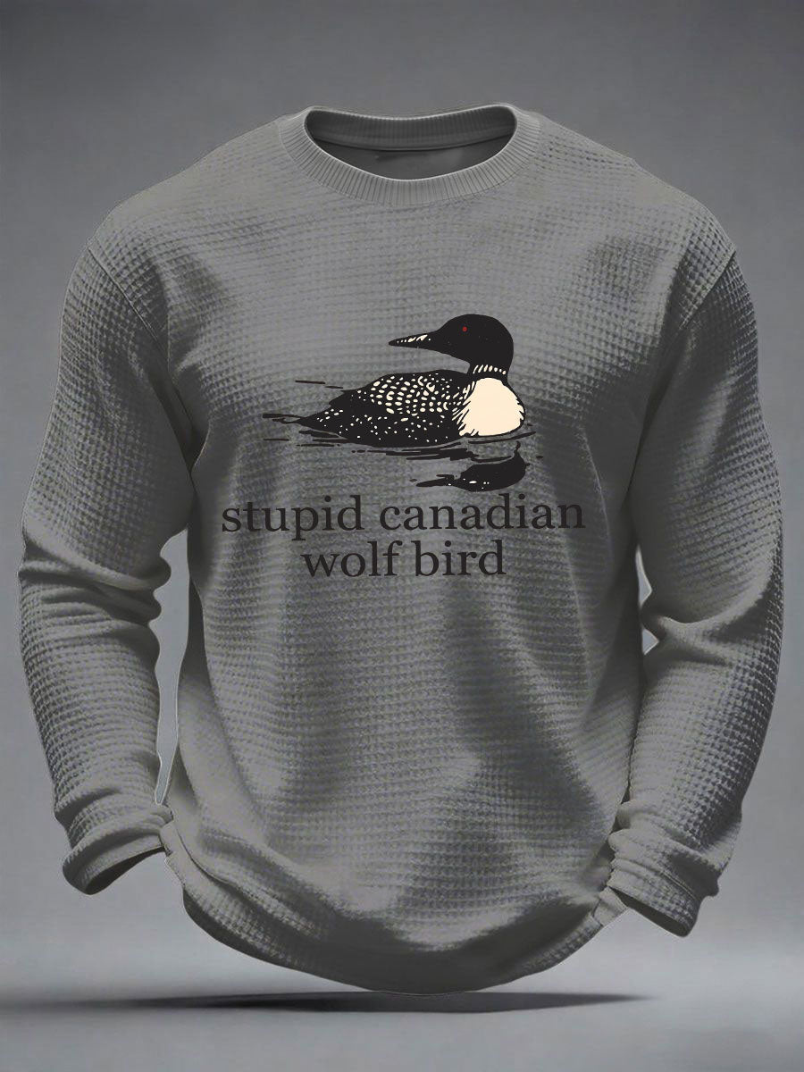 Men's Stupid Canadian Wolf Bird Waffle Print Casual T-Shirt