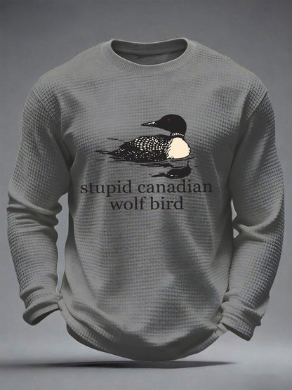 Men's Stupid Canadian Wolf Bird Waffle Print Casual T-Shirt