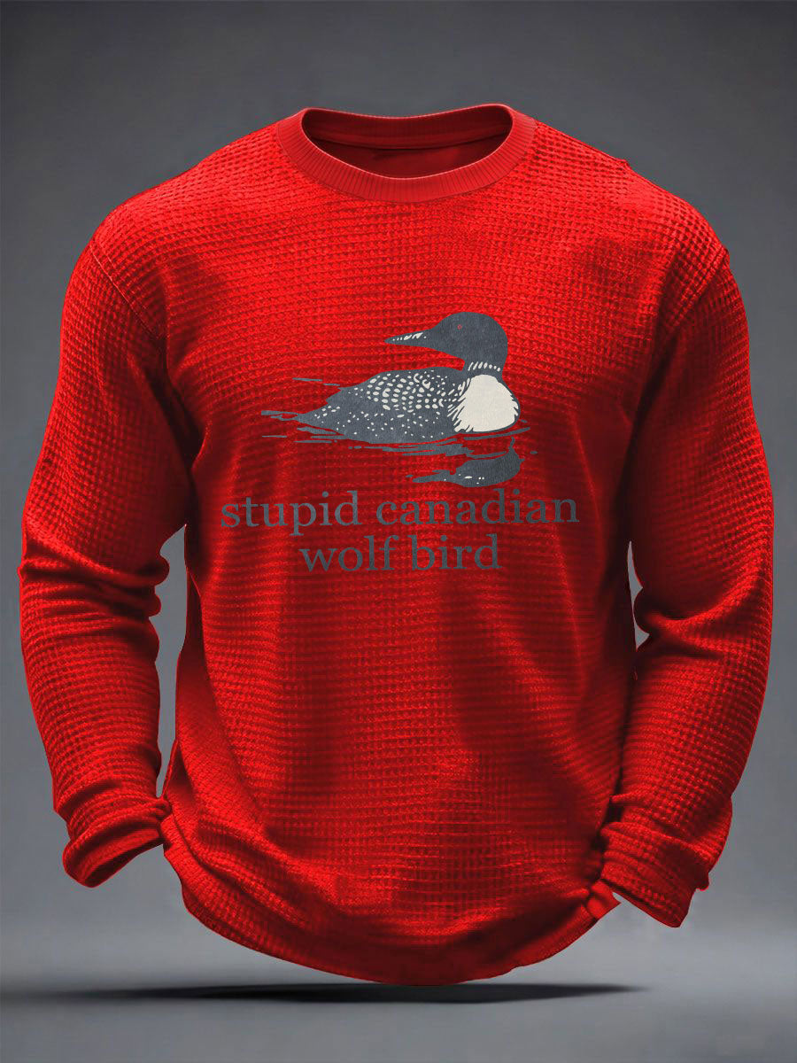 Men's Stupid Canadian Wolf Bird Waffle Print Casual T-Shirt