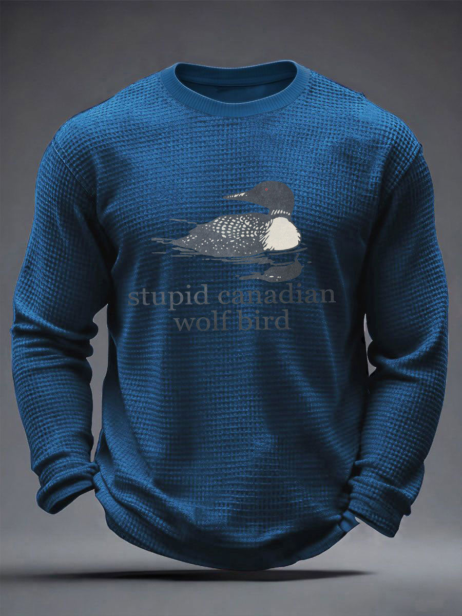 Men's Stupid Canadian Wolf Bird Waffle Print Casual T-Shirt