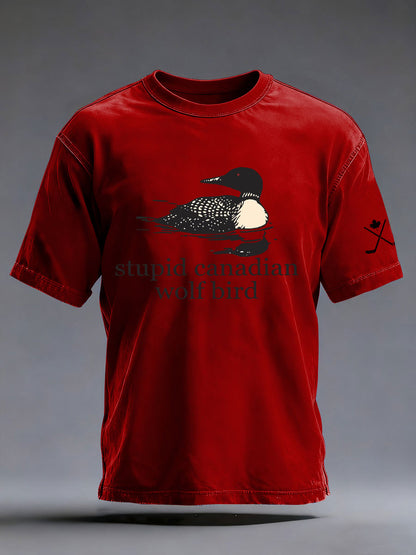 Men's Stupid Canadian Wolf Bird Print Casual T-shirt