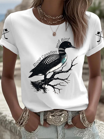 Women's Stupid Canadian Wolf Bird Print Casual T-shirt