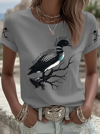 Women's Stupid Canadian Wolf Bird Print Casual T-shirt