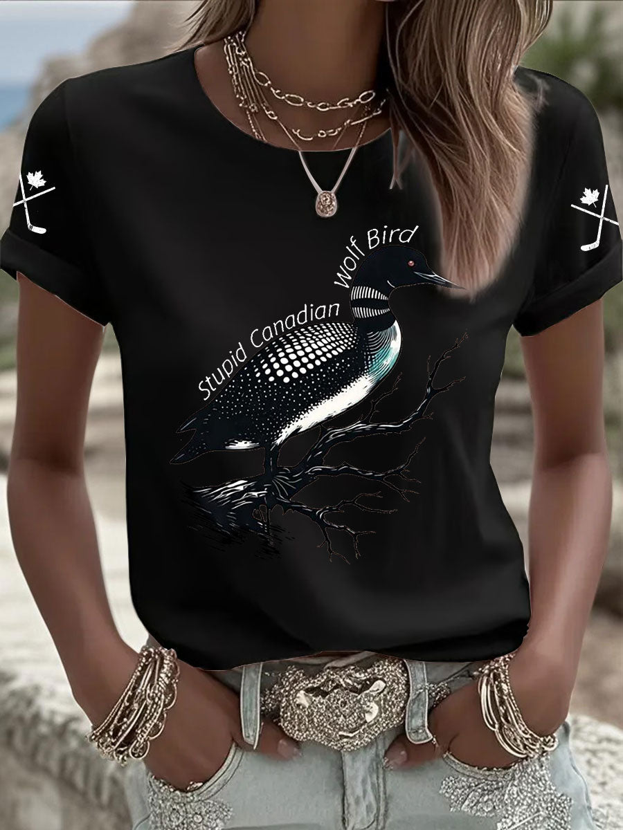 Women's Stupid Canadian Wolf Bird Print Casual T-shirt