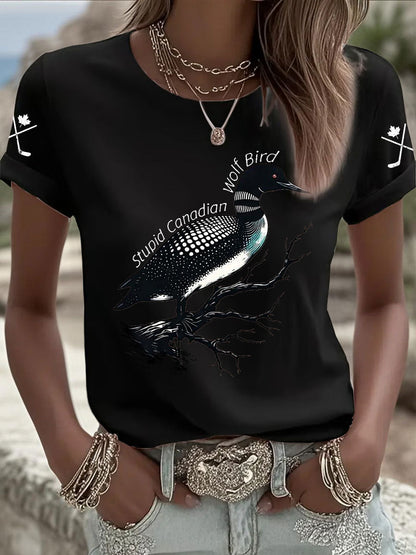 Women's Stupid Canadian Wolf Bird Print Casual T-shirt