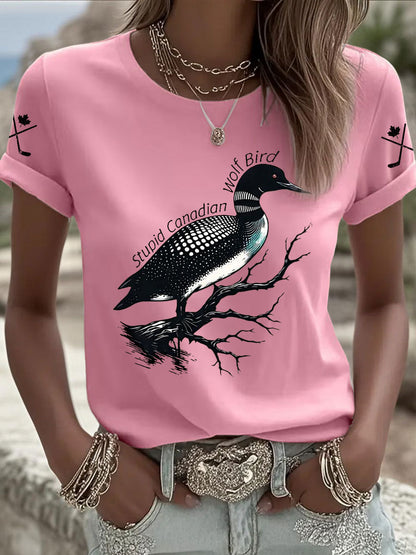 Women's Stupid Canadian Wolf Bird Print Casual T-shirt
