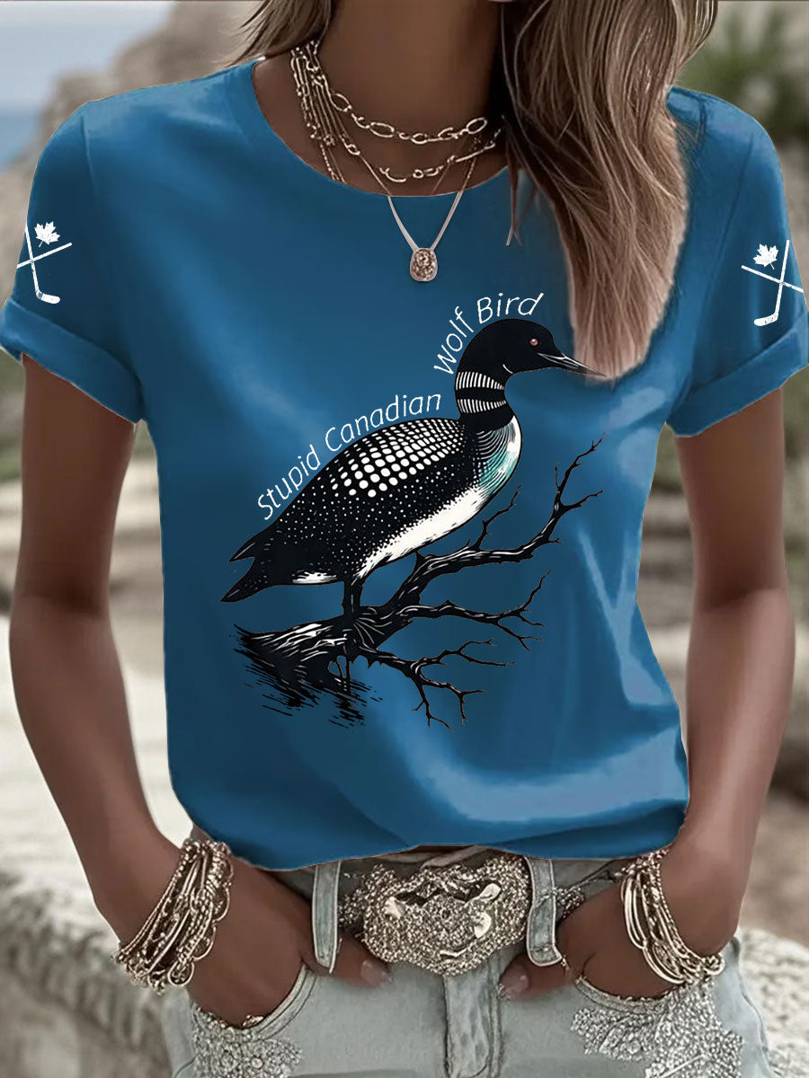 Women's Stupid Canadian Wolf Bird Print Casual T-shirt
