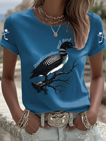 Women's Stupid Canadian Wolf Bird Print Casual T-shirt