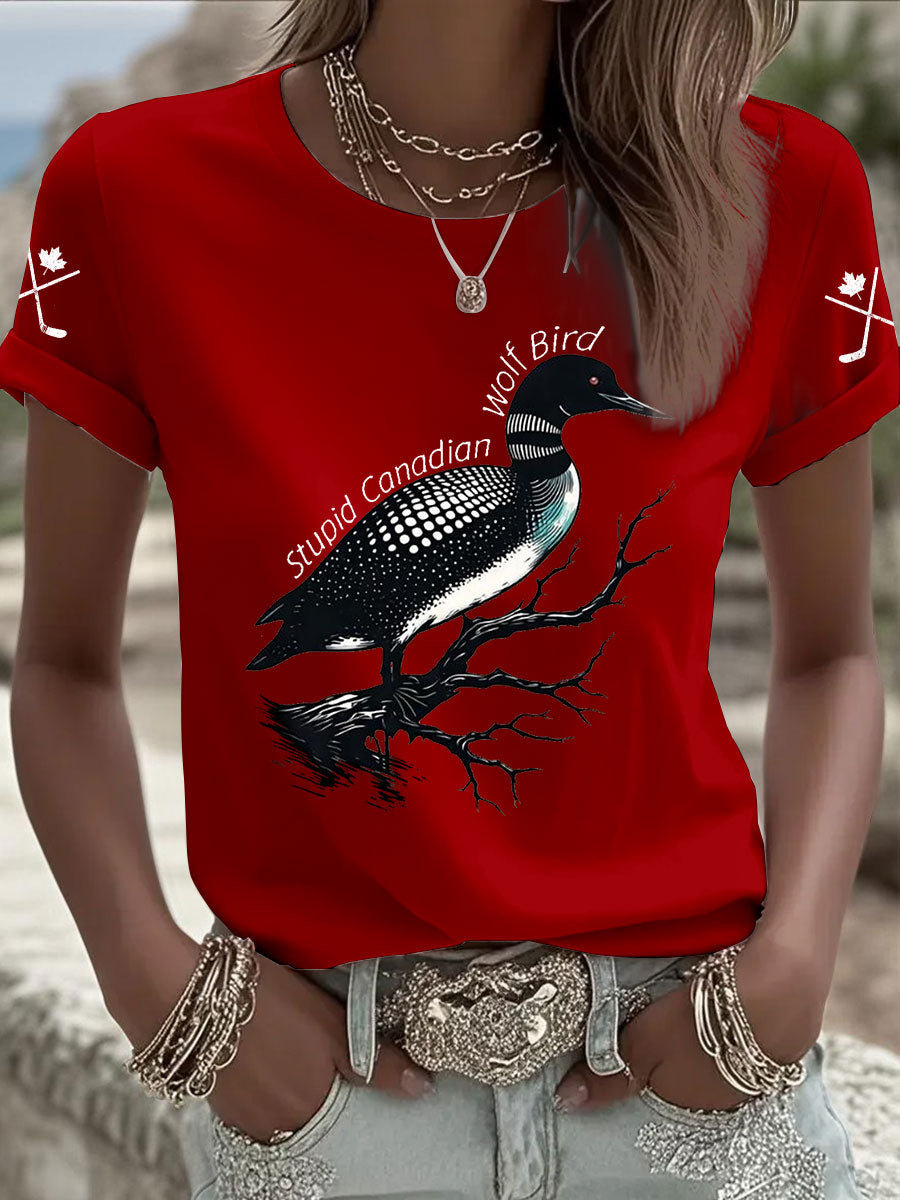 Women's Stupid Canadian Wolf Bird Print Casual T-shirt