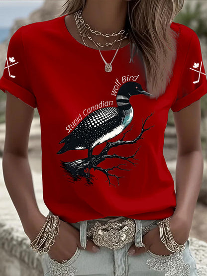 Women's Stupid Canadian Wolf Bird Print Casual T-shirt