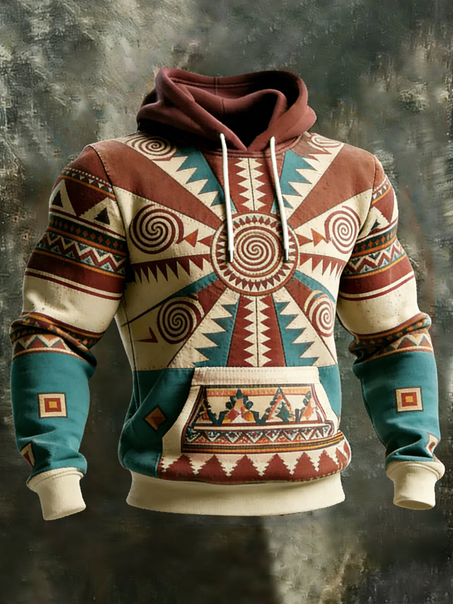 Men's Retro Ethnic Pattern Print Casual Hoodie