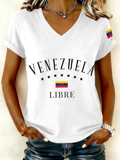 Women's Venezuelan Libre Print V-Neck T-Shirt