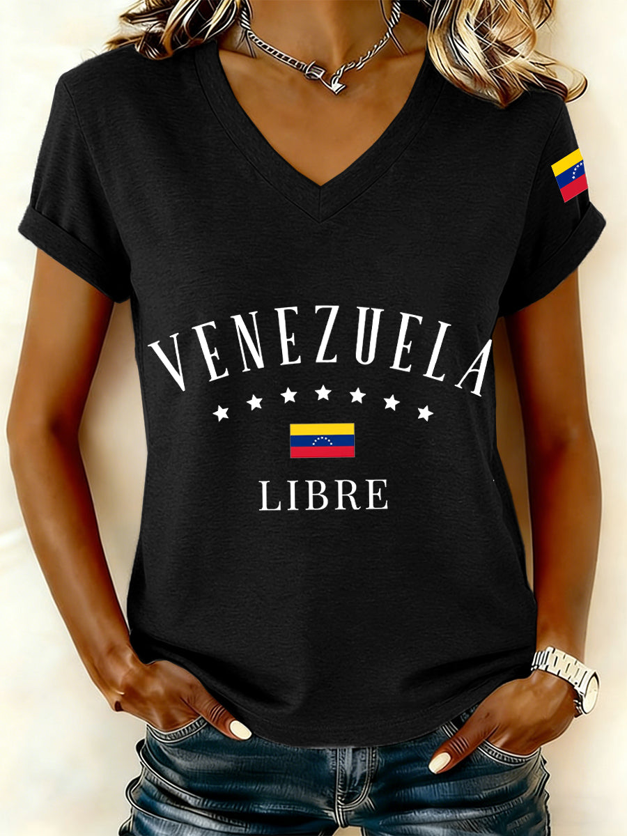 Women's Venezuelan Libre Print V-Neck T-Shirt