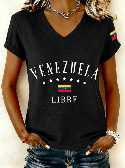 Women's Venezuelan Libre Print V-Neck T-Shirt