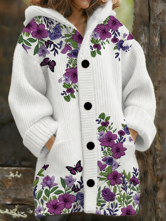 Women's Purple Floral Composite Fleece Long Coat