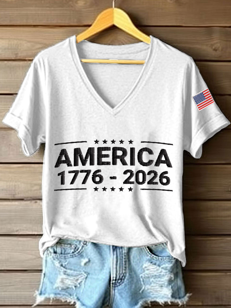 Women's America 1776-2026 Embroidery Pattern V-Neck T-Shirt