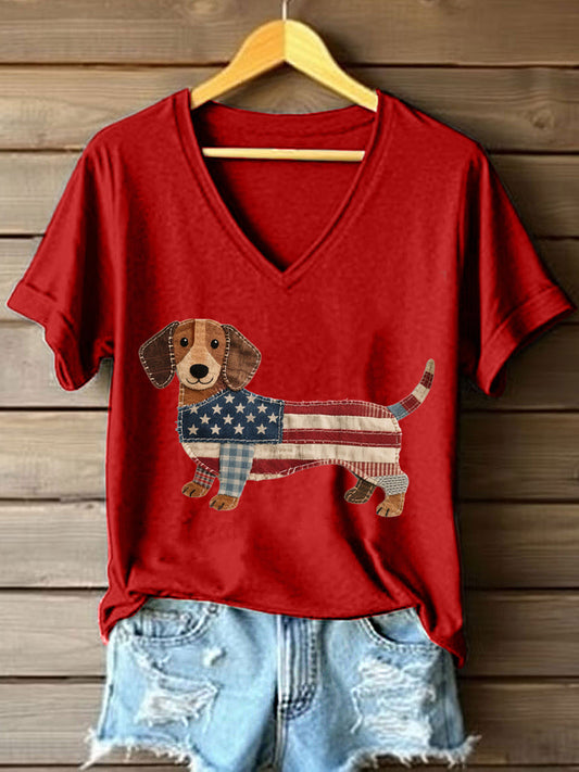 Women's Lovely Dachshund Patchwork Pattern V-Neck T-Shirt