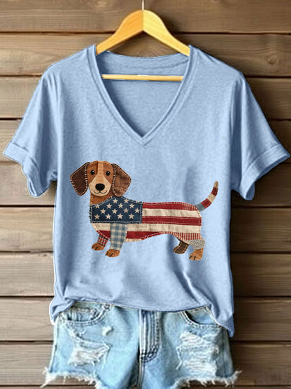 Women's Lovely Dachshund Patchwork Pattern V-Neck T-Shirt